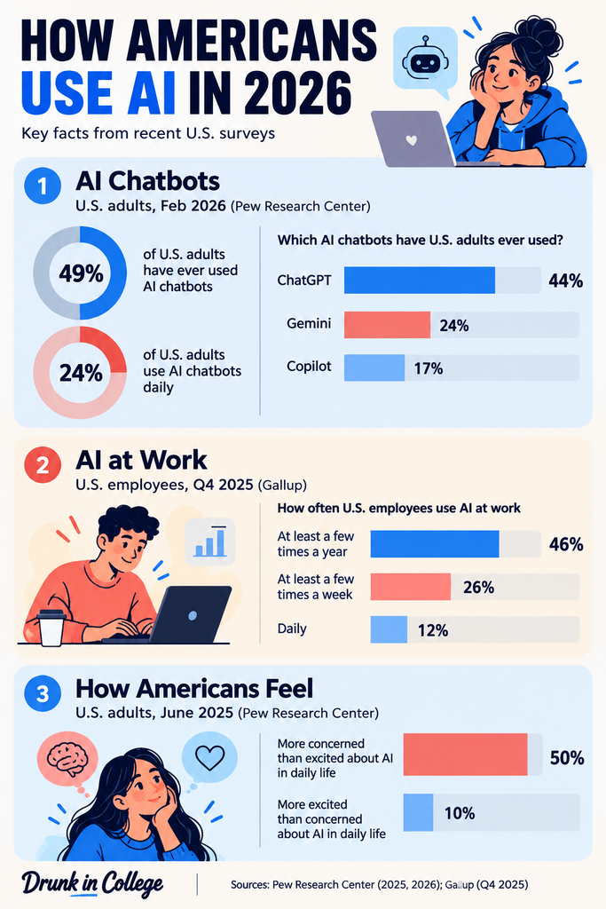 Infographic showing AI usage statistics in the United States in 2026, including chatbot adoption, ChatGPT usage, AI at work, and public attitudes toward artificial intelligence.